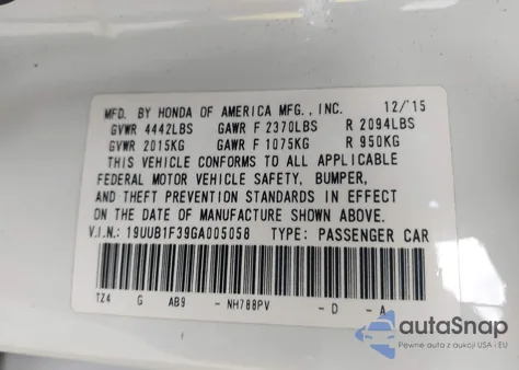 2016 Acura Tlx z USA, uszkodzony, nr VIN 19UUB1F39GA005058
